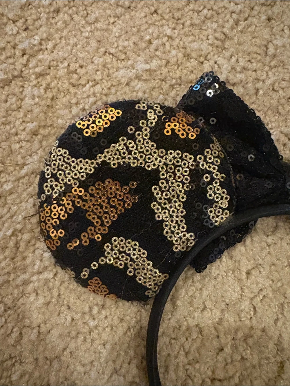 Black Sequin Leopard Minnie Ear Headband with Gold Accents